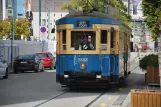 Christchurch Tramway line mit Triebwagen 1888 auf Cathedral Square (2023)