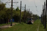 Horliwka Straßenbahnlinie 1 mit Triebwagen 411 auf Orlovska Ulitsa (2011)