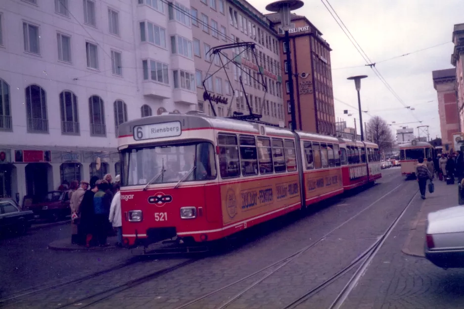 Bremen Straßenbahnlinie 6 mit Gelenkwagen 521 "Ansgar" am Hauptbahnhof (1987)