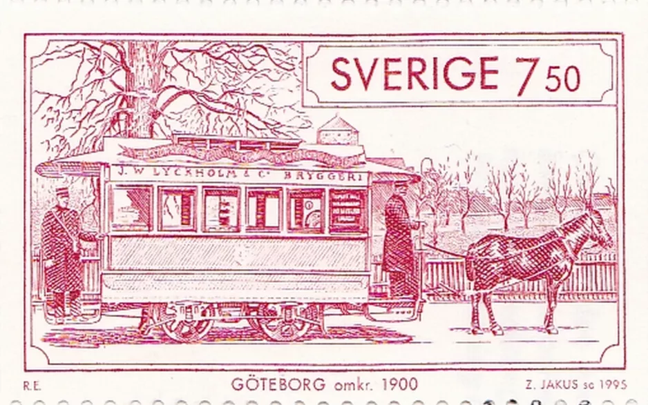 Briefmarke: Göteborg Pferdebahnlinie mit Pferdebahnwagen auf Södra Allégatan (1995)