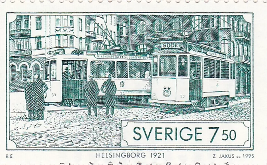 Briefmarke: Helsingborg Straßenbahnlinie 5 auf S:T Jörgens Plads (1995)