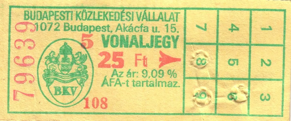 Einzelfahrschein für Budapesti Közlekedési Vállalat (BKV), die Vorderseite (1994)