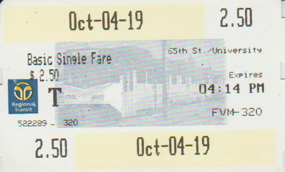 Einzelfahrschein für Sacramento Regional Transit District (SacRT), die Vorderseite (2019)