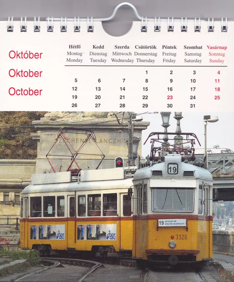 Kalender: Budapest Straßenbahnlinie 19 mit Triebwagen 3326 am Széchenyi Lánchíd (2006)