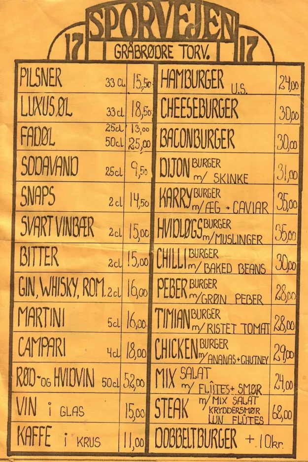 Menükarte: Kopenhagen, die Rückseite Sporvejen Burgerbar der Stadt (1985)