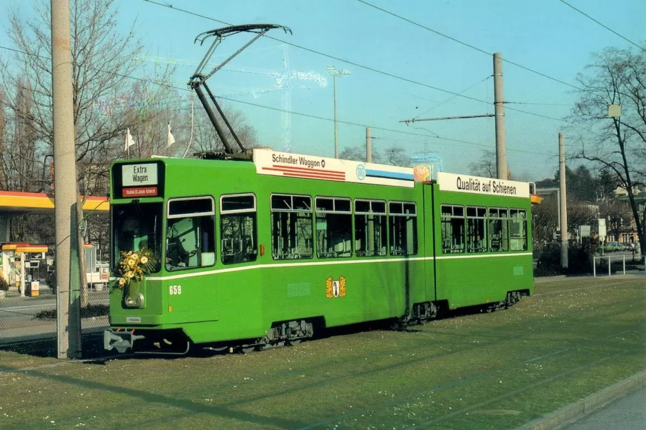 Postkarte: Basel Gelenkwagen 659 nahe bei Eglisee (1990)