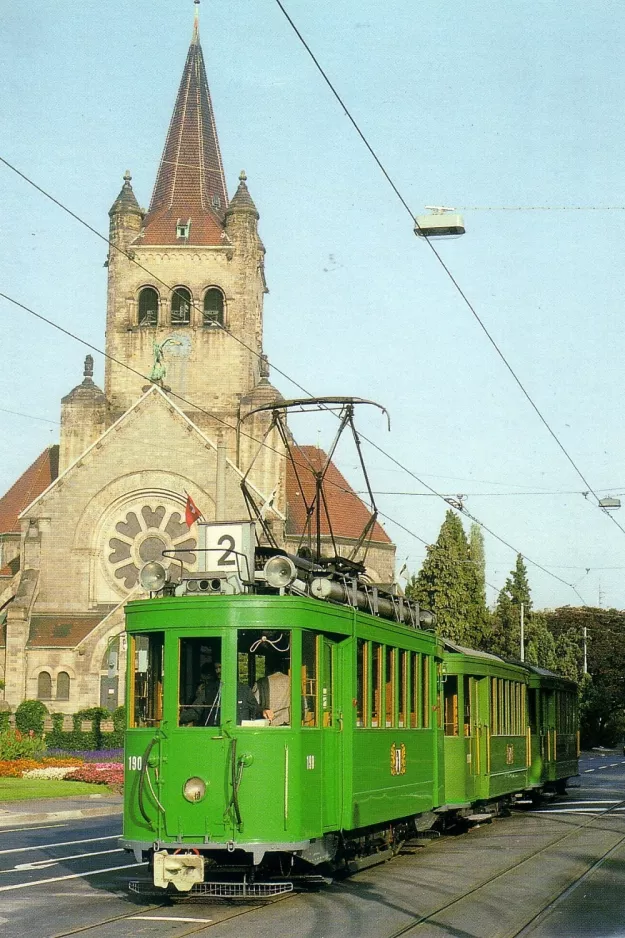 Postkarte: Basel Straßenbahnlinie 2 mit Museumswagen 190 auf Steinenring (1992)