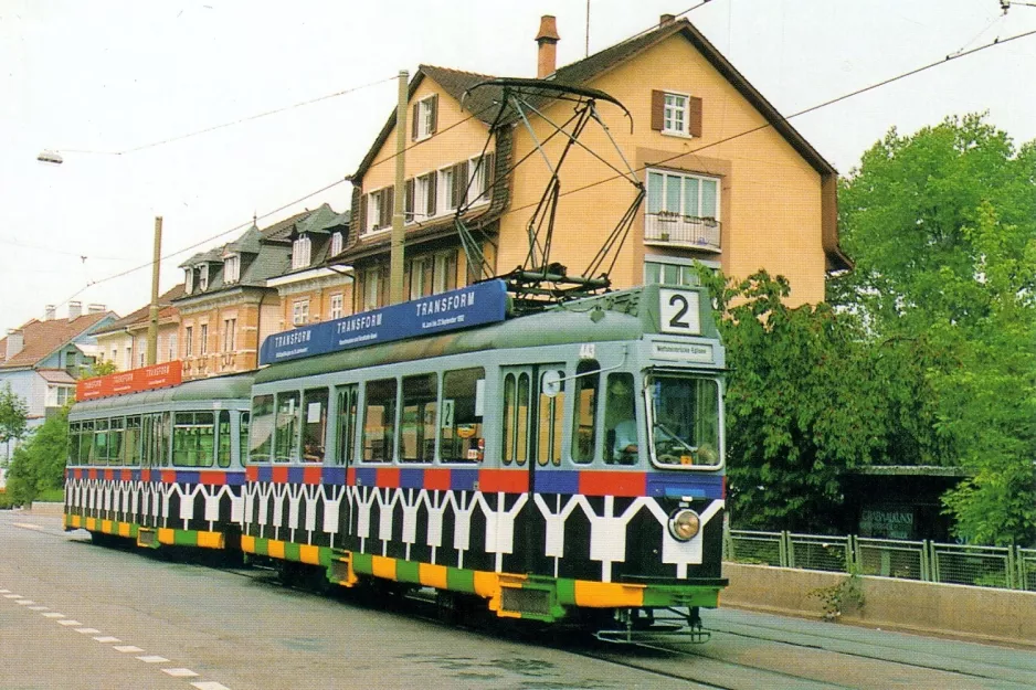 Postkarte: Basel Straßenbahnlinie 2 mit Triebwagen 443 auf Hauptstrasse (1992)