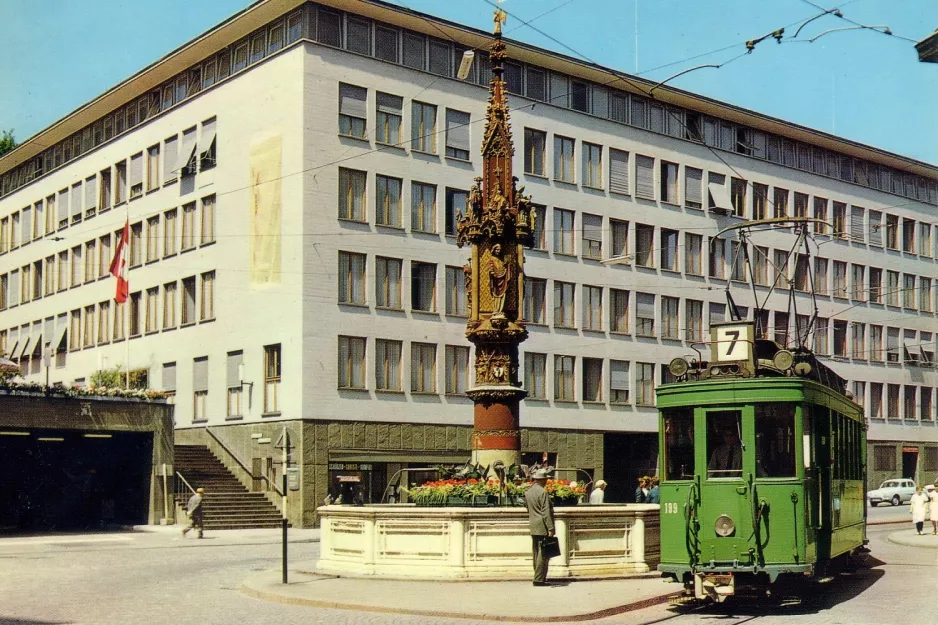 Postkarte: Basel Straßenbahnlinie 7 mit Triebwagen 199 am Schifflände (1963)