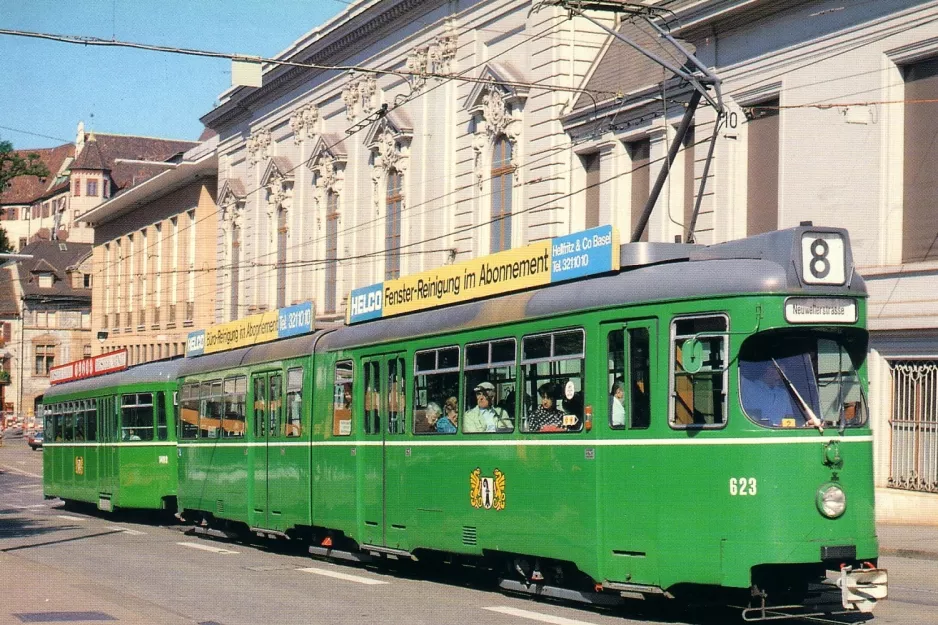 Postkarte: Basel Straßenbahnlinie 8 mit Gelenkwagen 623 auf Steinenberg (1991)