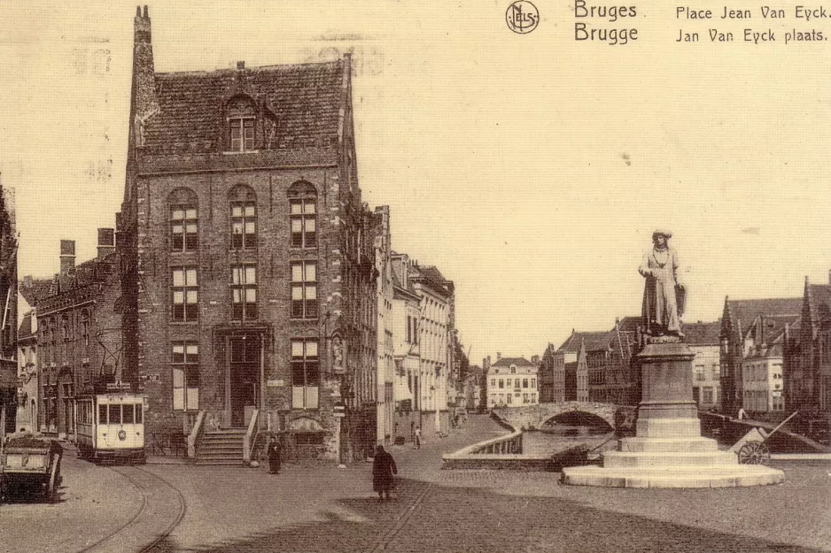 Postkarte: Brügge Straßenbahnlinie 4  auf Jan Van Eyck plaats/Place Jean Van Eyck (1900)