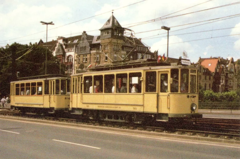 Postkarte: Düsseldorf Stadtrundfahrten mit Triebwagen 583nah Oberkasseler Brücke (1988)