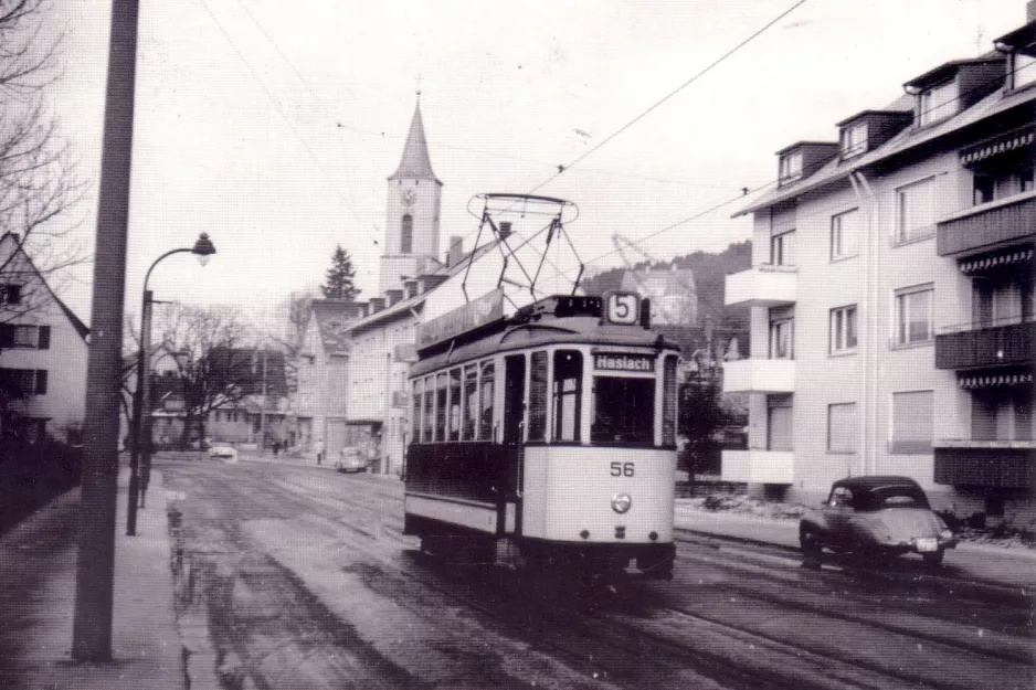 Postkarte: Freiburg im Breisgau Straßenbahnlinie 5 mit Triebwagen 56nah Herdern (1961)