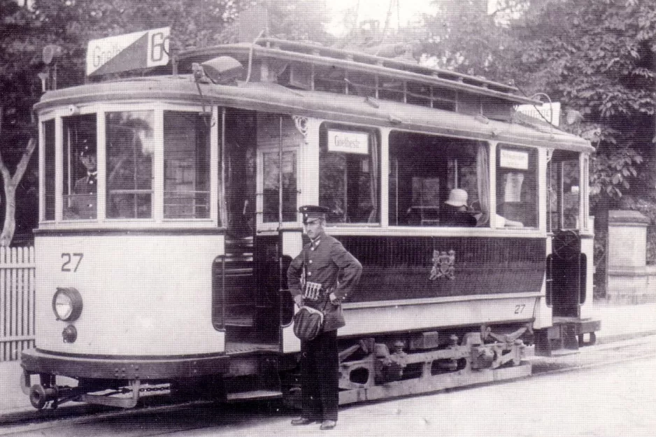 Postkarte: Freiburg im Breisgau Straßenbahnlinie 6 mit Triebwagen 27 am Goethestraße (1920-1929)