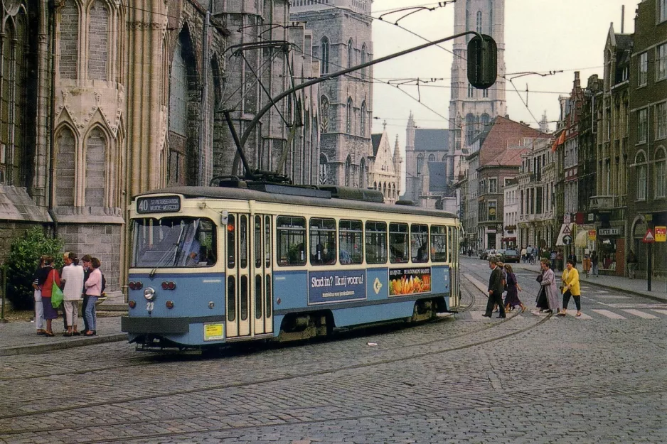 Postkarte: Gent Straßenbahnlinie T4 mit Triebwagen 23 auf Korenmarkt (1987)