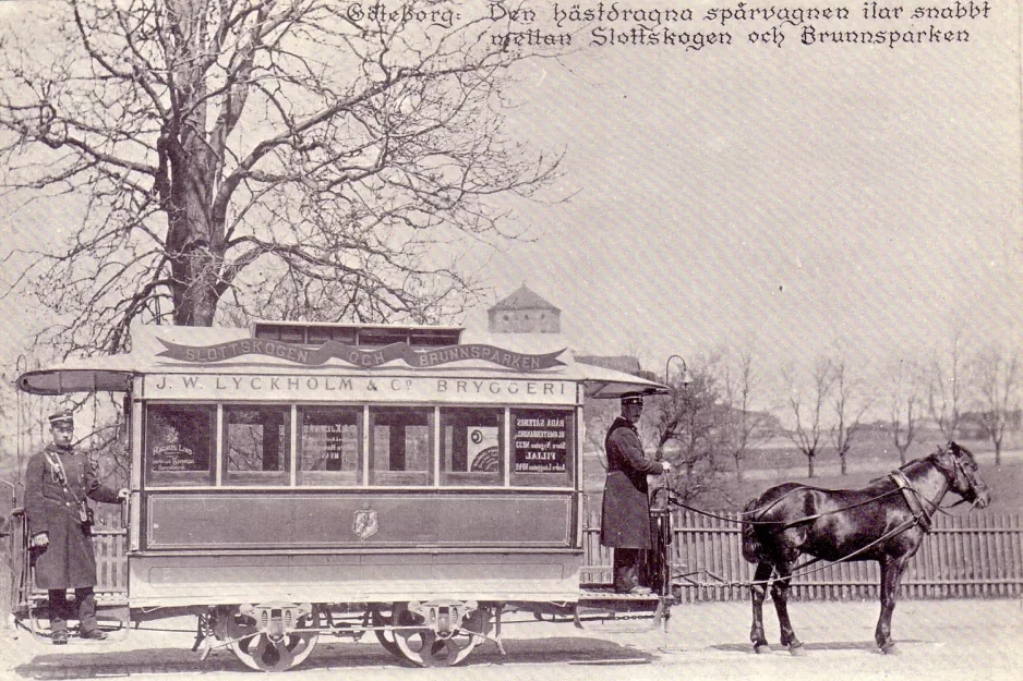 Postkarte: Göteborg Pferdebahnlinie mit Pferdebahnwagen auf Södra Allégatan (1879)