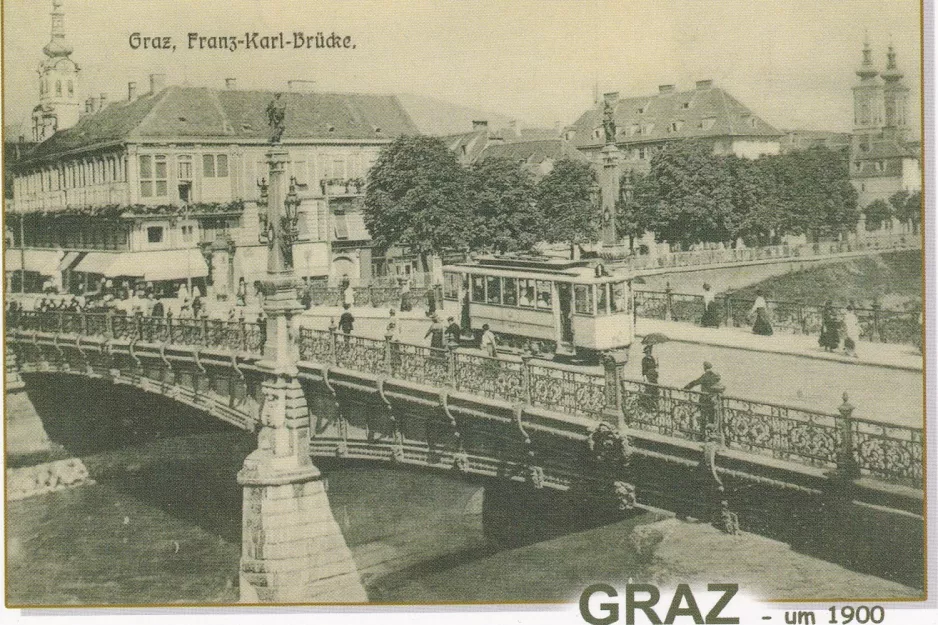 Postkarte: Graz Straßenbahnlinie 1  auf Hauptbrücke (1900)