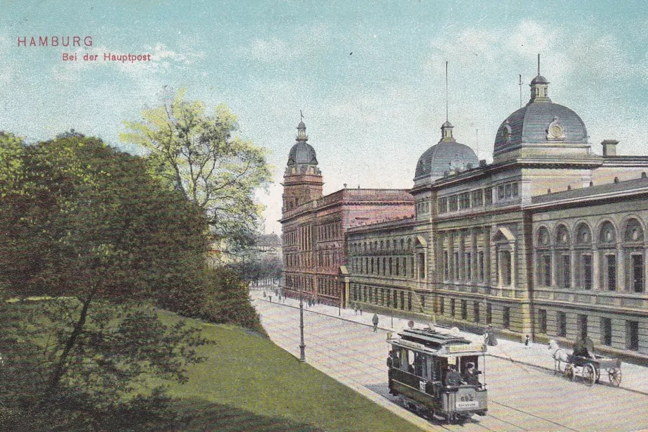 Postkarte: Hamburg Straßenbahnlinie 26 mit Triebwagen 692nah Hauptpost (1894)