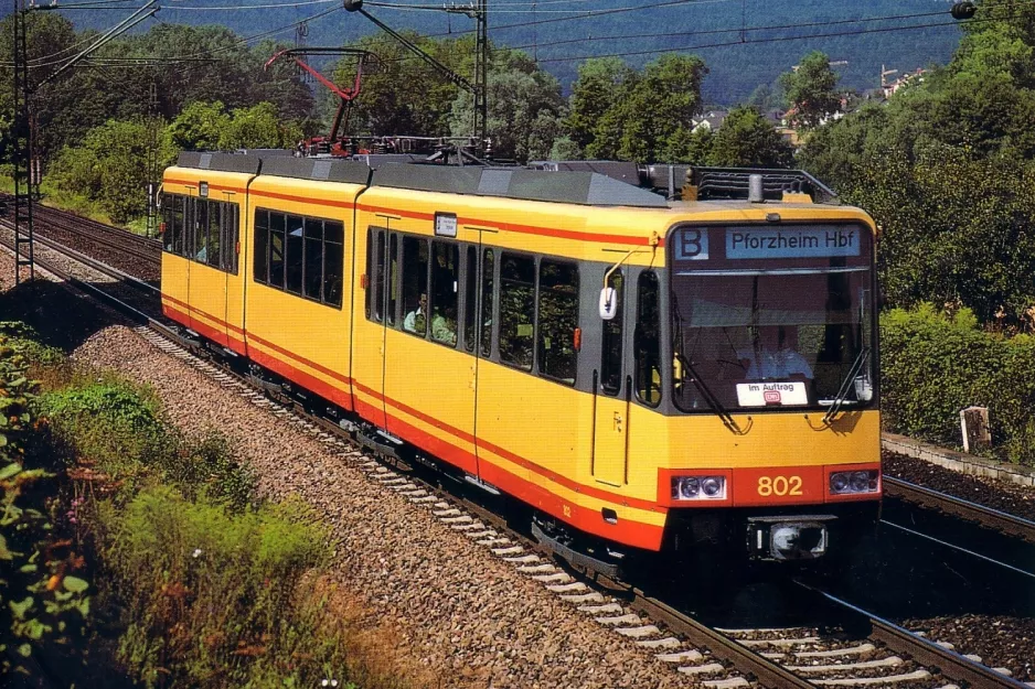 Postkarte: Karlsruhe Regionallinie S4 mit Gelenkwagen 802 nahe bei Berghausen (1991)