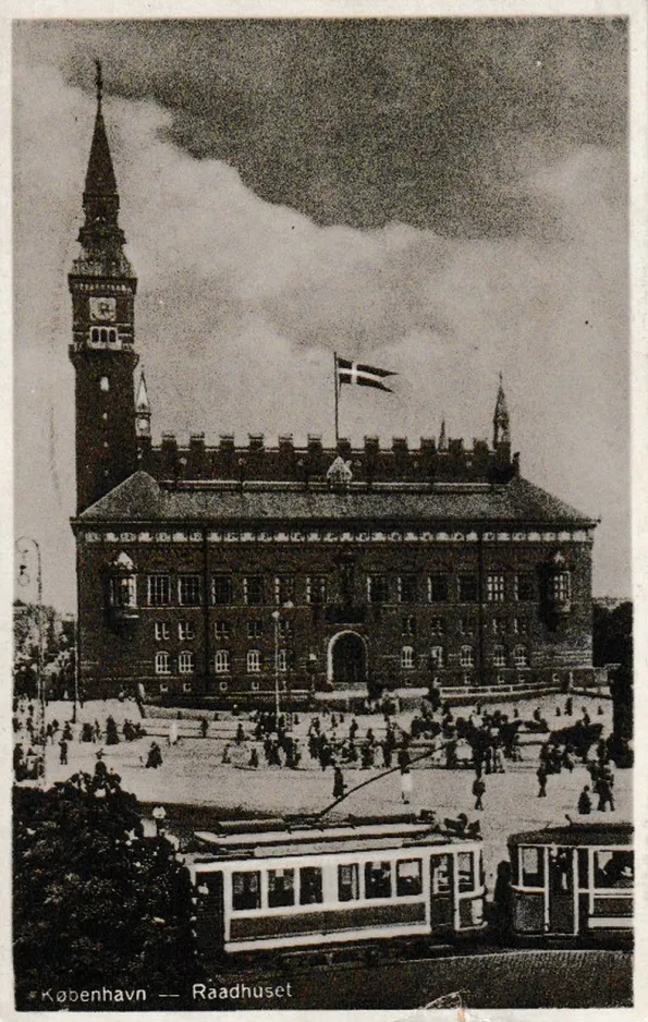 Postkarte: Kopenhagen Straßenbahnlinie 14  auf Rathausplatz (1915-1920)