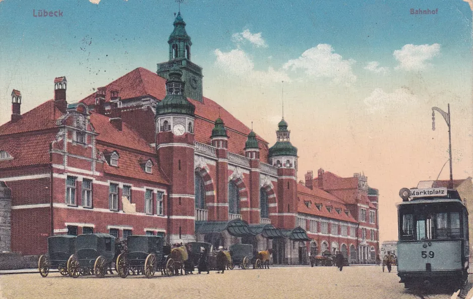 Postkarte: Lübeck motorvogn 59 ved Lübeck banegård (1894)