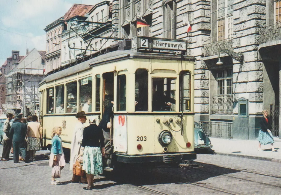 Postkarte: Lübeck Straßenbahnlinie 2 mit Triebwagen 203 auf Beckergrube (1958)