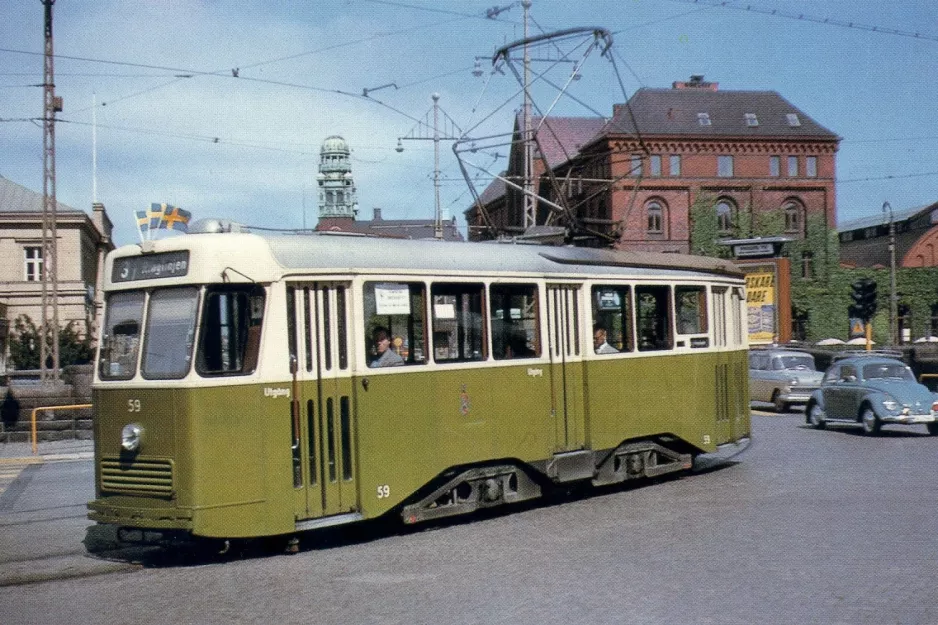 Postkarte: Malmö Straßenbahnlinie 3 mit Triebwagen 59 nahe bei Centralstationen (1961)