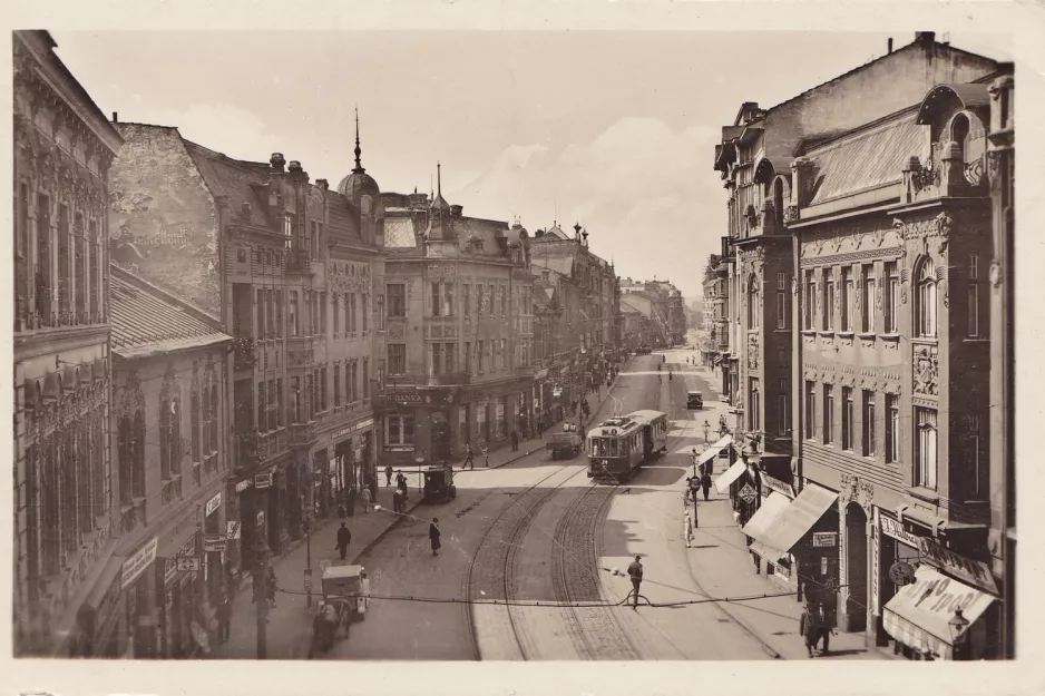 Postkarte: Ostrava Straßenbahnlinie 1  auf Nádražní (1930-1939)