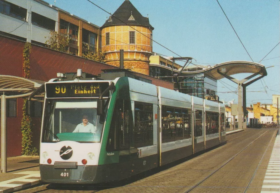 Postkarte: Potsdam Straßenbahnlinie 90 mit Niederflurgelenkwagen 401 "Potsdam" am S Hauptbahnhof (2002)