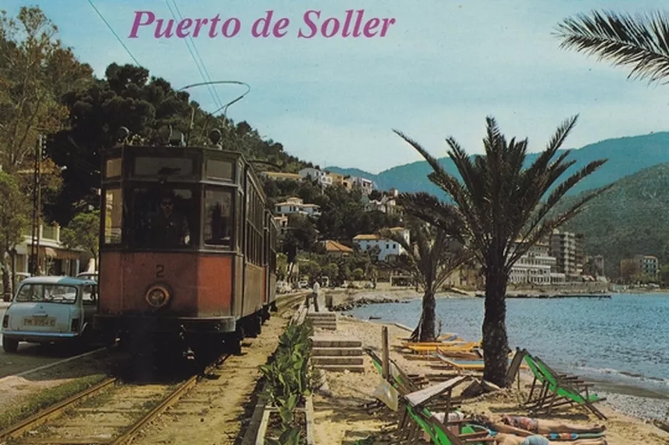 Postkarte: Sóller Straßenbahnlinie mit Triebwagen 2 im Port de Sóller (1963)