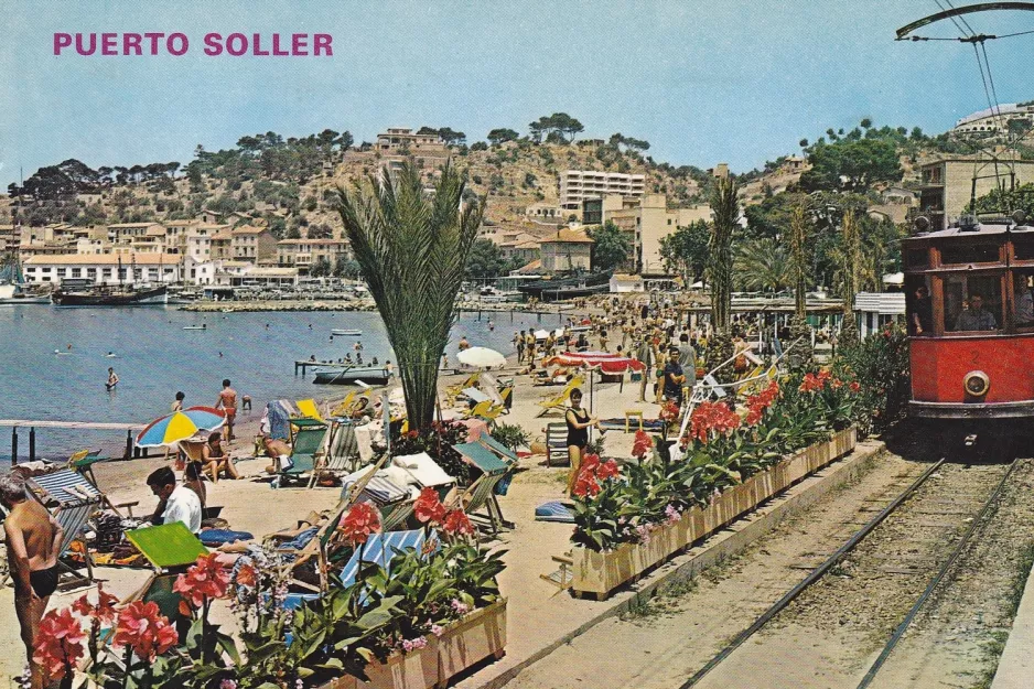 Postkarte: Sóller Straßenbahnlinie mit Triebwagen 2 im Port de Sóller (1965)