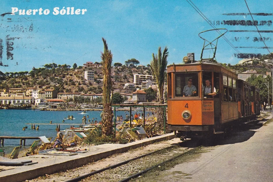 Postkarte: Sóller Straßenbahnlinie mit Triebwagen 4 im Port de Sóller (1963)