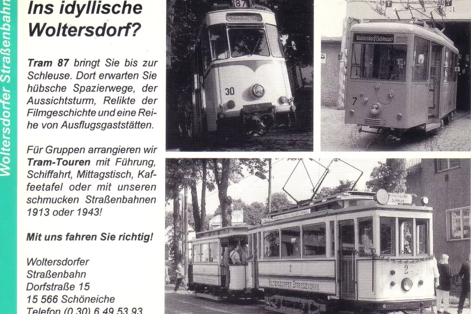 Postkarte: Woltersdorf Straßenbahnlinie 87 mit Triebwagen 30 Woltersdorfer Straßenbahn (1988)