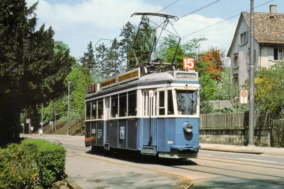 Postkarte: Zürich Straßenbahnlinie 15 mit Triebwagen 1534 am Röslistrasse (1984)