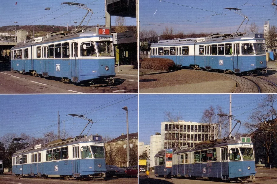 Postkarte: Zürich Straßenbahnlinie 2 mit Gelenkwagen 1802 (1990)