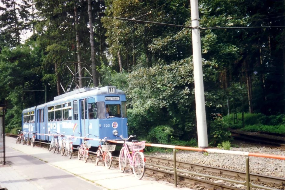 Rostock Straßenbahnlinie 11 mit Gelenkwagen 722 am Neuer Friedhof (1993)