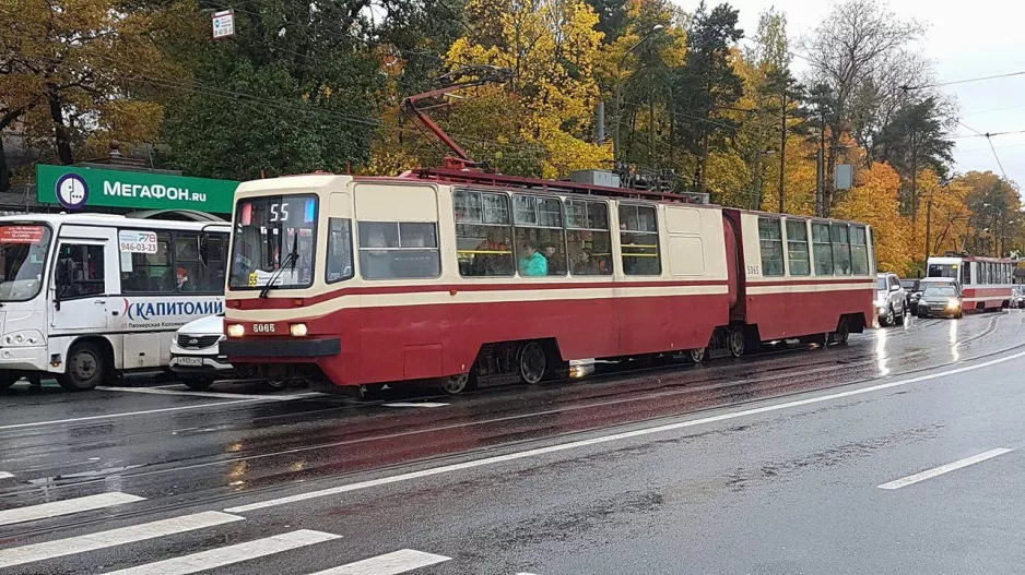 Sankt Petersburg Straßenbahnlinie 55 mit Gelenkwagen 5065 am Metro Politekhnicheskaya (2017)