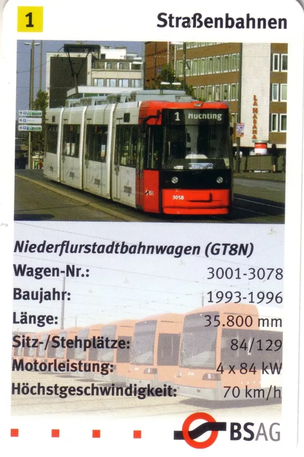 Spielkarte: Bremen Straßenbahnlinie 1 mit Niederflurgelenkwagen 3058nah Westerstr. (2006)