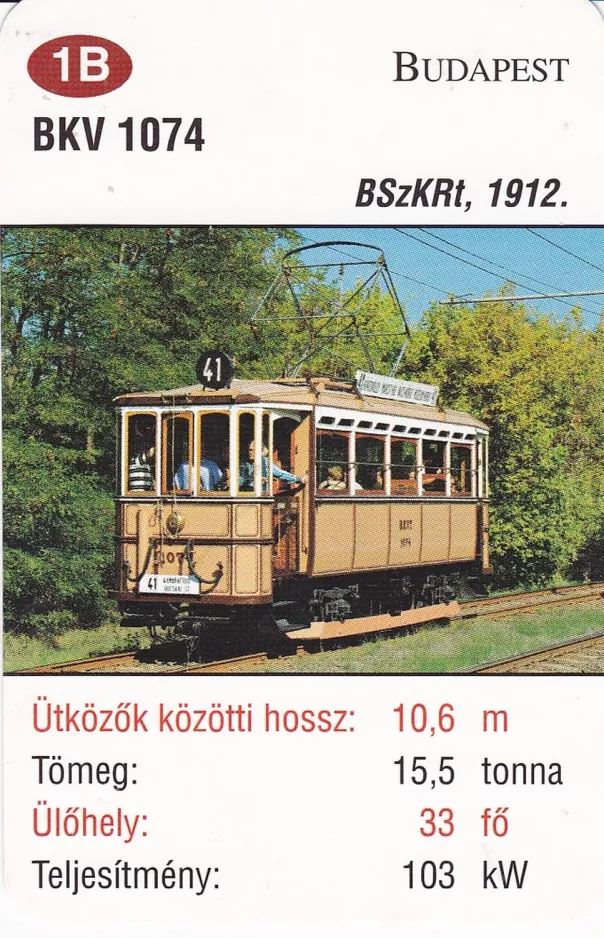 Spielkarte: Budapest Straßenbahnlinie 41 mit Museumswagen 1074 (2014)