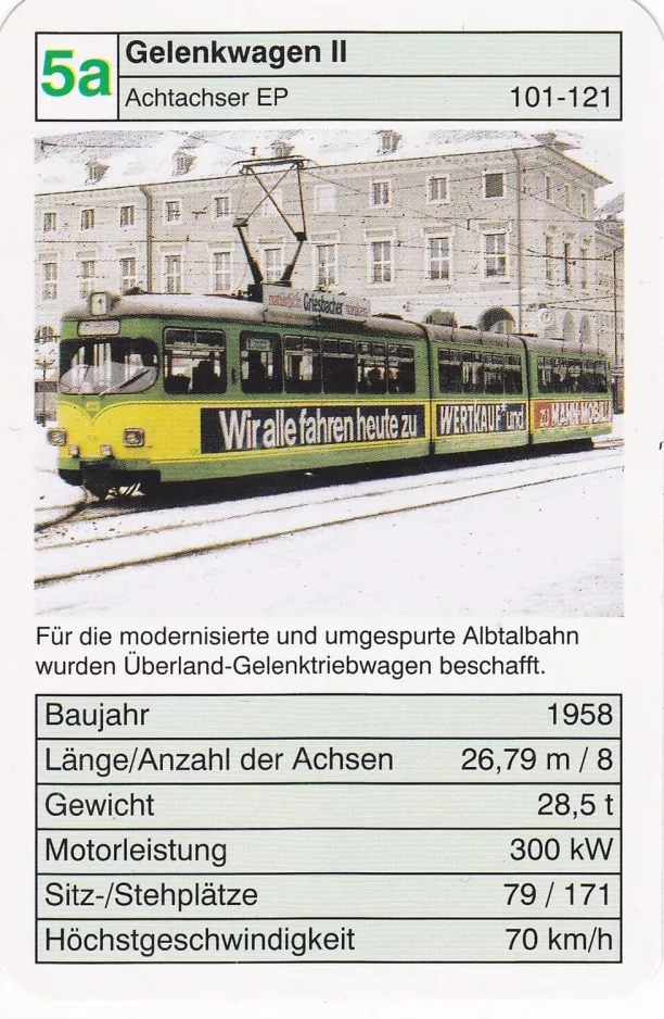 Spielkarte: Karlsruhe Straßenbahnlinie 1 mit Gelenkwagen 106 auf Marktplatz/Kaiserstraße U (2002)