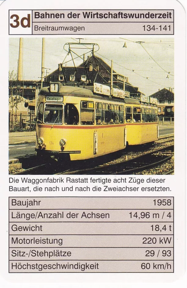 Spielkarte: Karlsruhe Straßenbahnlinie 1 mit Triebwagen 134 Bahnen der Wirtschaftswunderzeit Breitraunwagen 134 (2002)