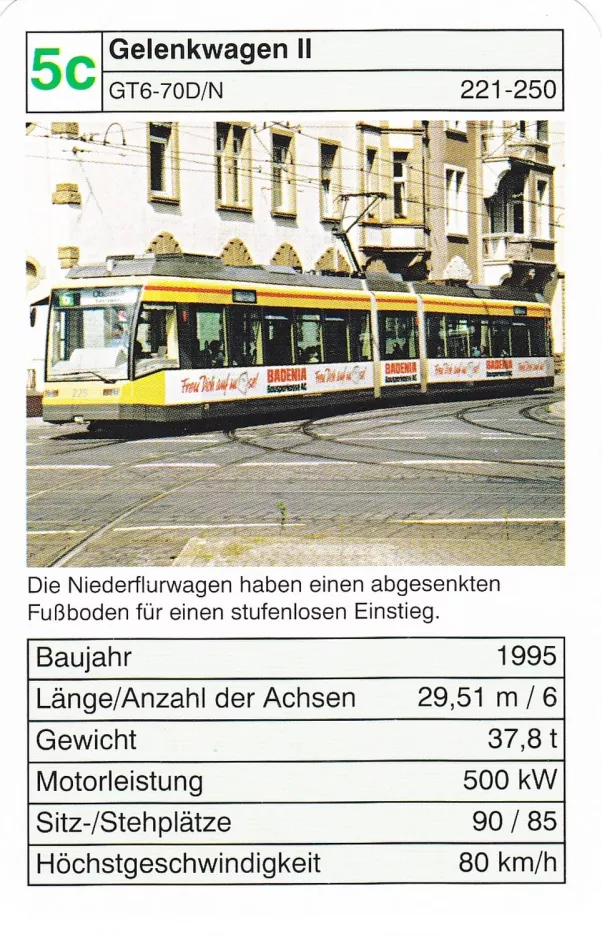 Spielkarte: Karlsruhe Straßenbahnlinie 6 mit Niederflurgelenkwagen 225 nahe bei Europaplatz (2002)