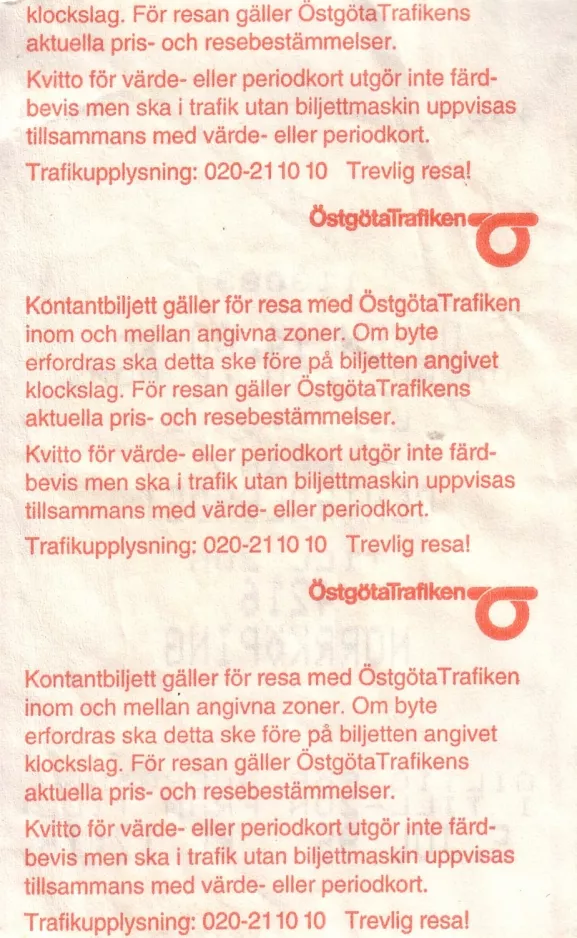 Stundenkarte für Östgötatrafiken, die Rückseite (1995)