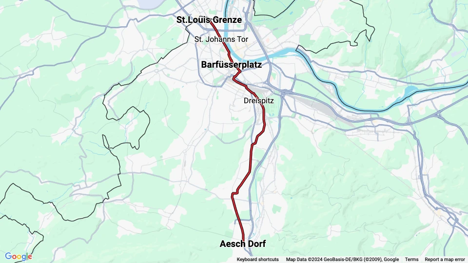 Basel Straßenbahnlinie 11: St.Louis Grenze - Aesch Dorf Linienkarte