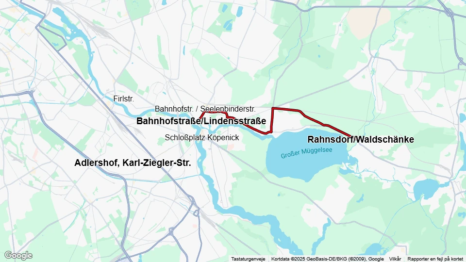 Berlin Straßenbahnlinie 61: Bahnhofstraße/Lindensstraße - Rahnsdorf/Waldschänke Linienkarte