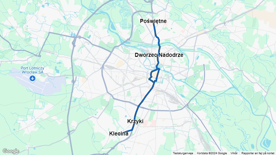 Breslau Straßenbahnlinie 7: Klecina - Poświętne Linienkarte