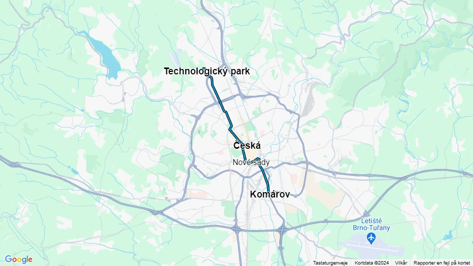 Brünn Straßenbahnlinie 12: Komárov - Technologický park Linienkarte