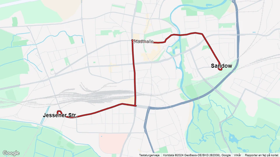 Cottbus Straßenbahnlinie 2: Sandow - Jessener Str. Linienkarte