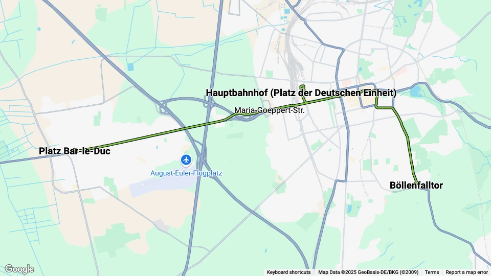 Darmstadt Straßenbahnlinie 9: Böllenfalltor - Platz Bar-le-Duc Linienkarte