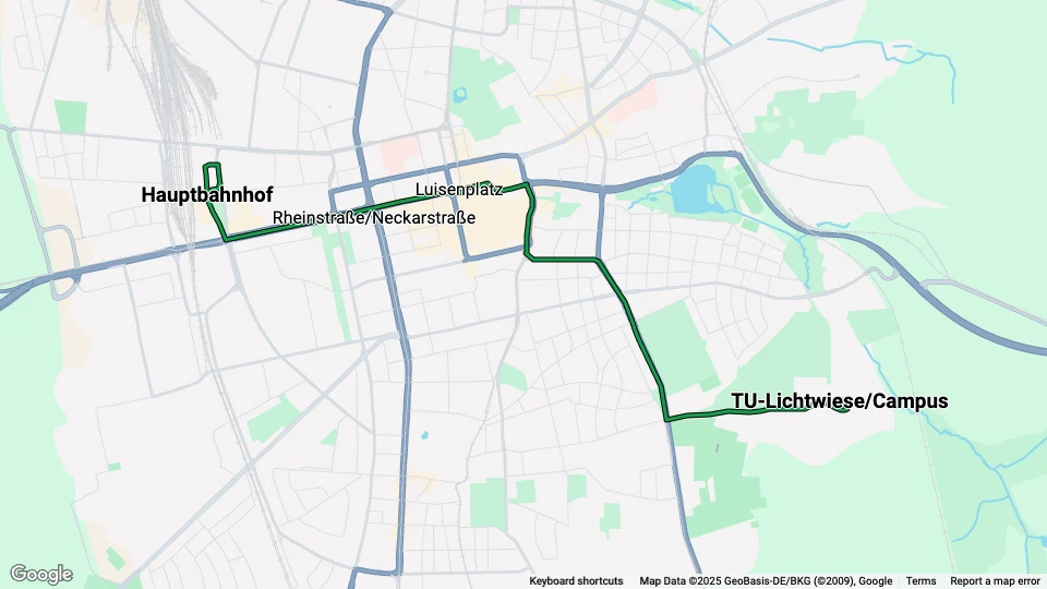 Darmstadt Zusätzliche Linie 2: Hauptbahnhof - TU-Lichtwiese/Campus Linienkarte